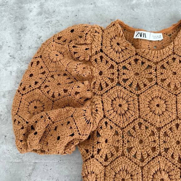 Zara crochet knit top puffy sleeves burnt orange/brown color Womens size small - Picture 3 of 7